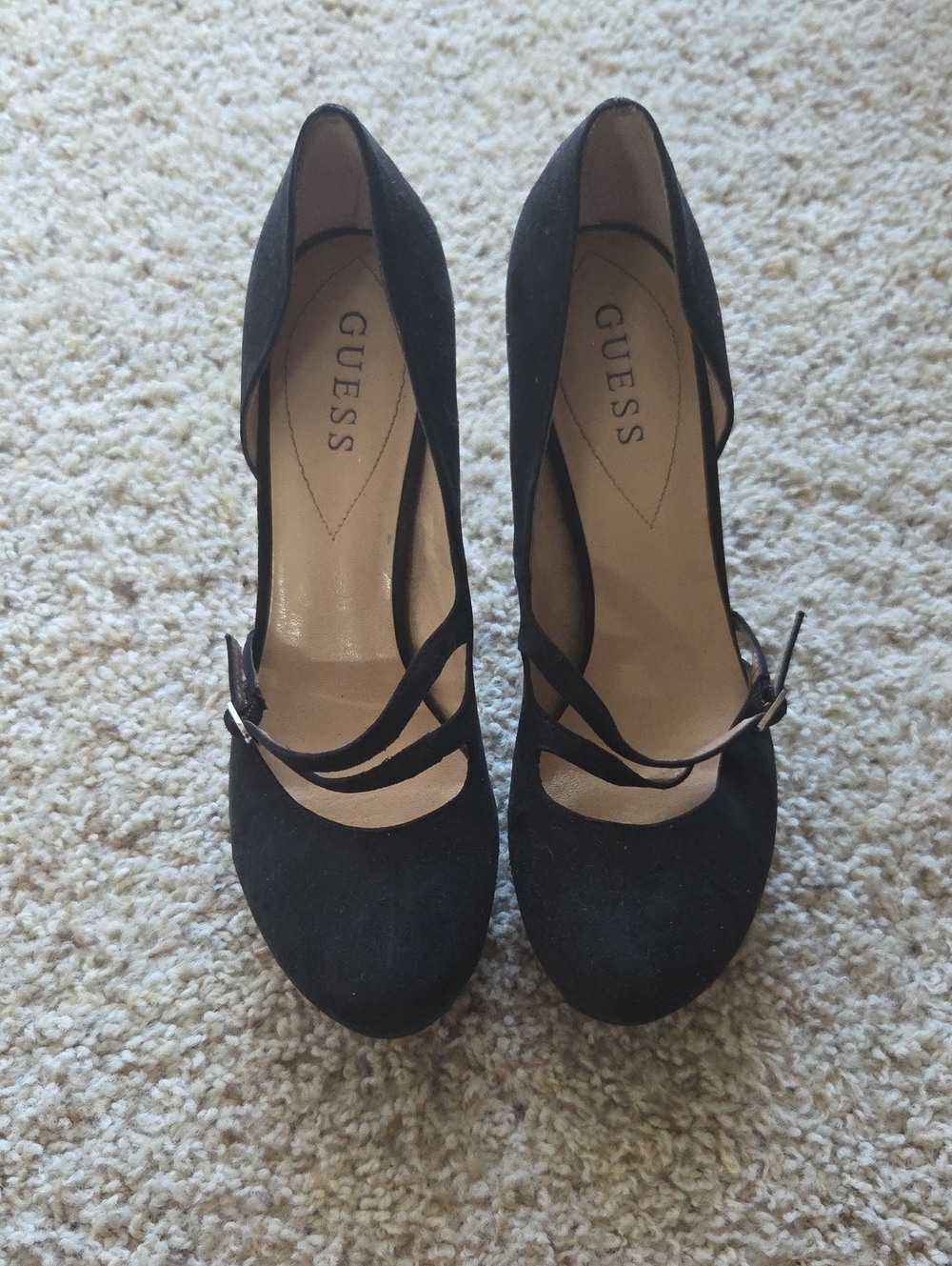 Guess Black Suede Double-Strap Mary Jane Heels